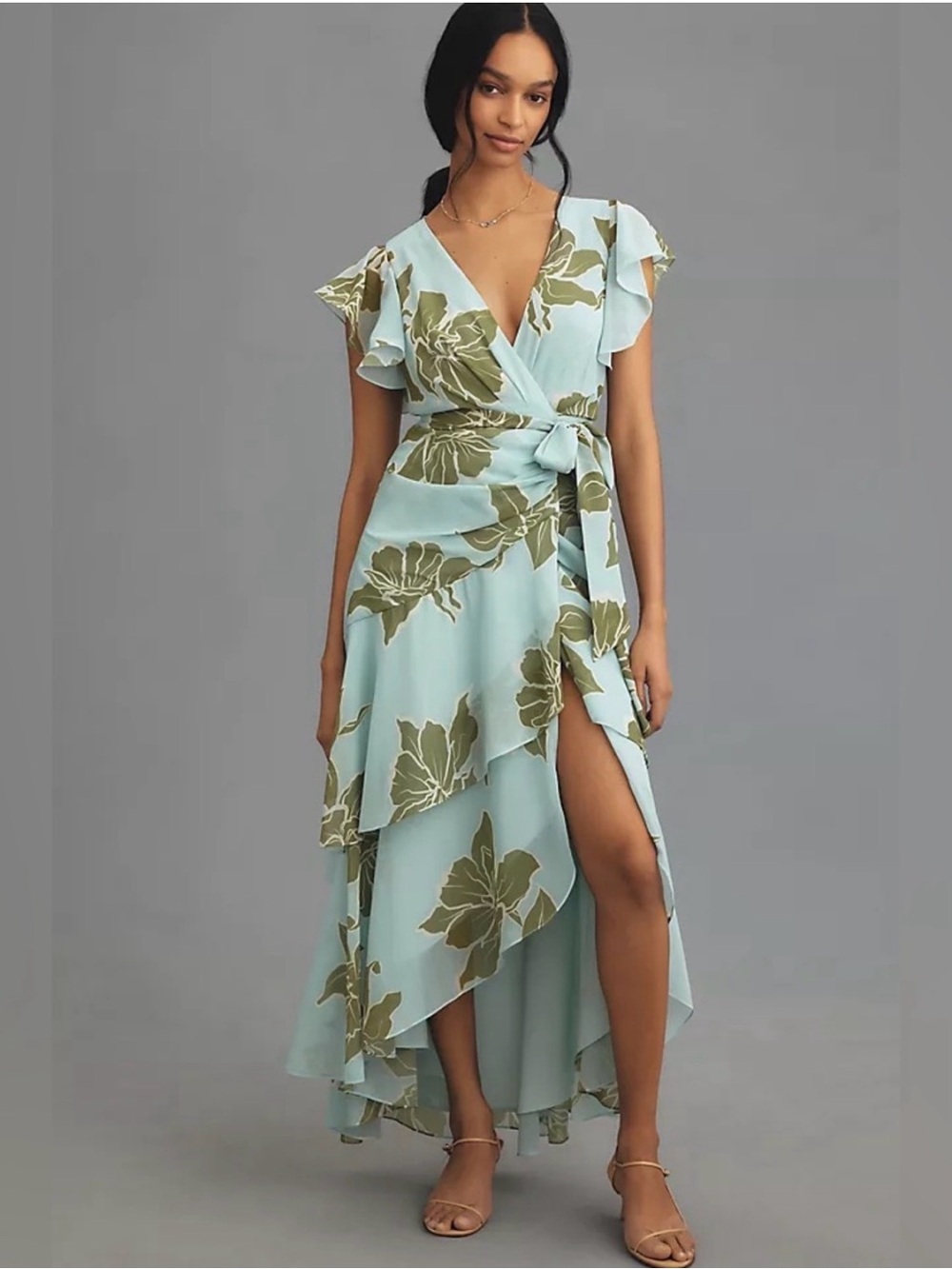 Hutch Anthropologie Floral Tiered Wrap Maxi Dress Green Blue Small Sundress